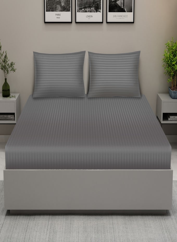 HOME KING FLAT SHEET BEDSHEET 300 THREAD COUNT LUXIRIOUS MERCERISED 100% COTTON BEDDING SOLID PRE SHRUNK SATEEN STRIPE FINISH BED LINEN WITH 2 PILLOW CASE - GREY (274 * 274 CM)