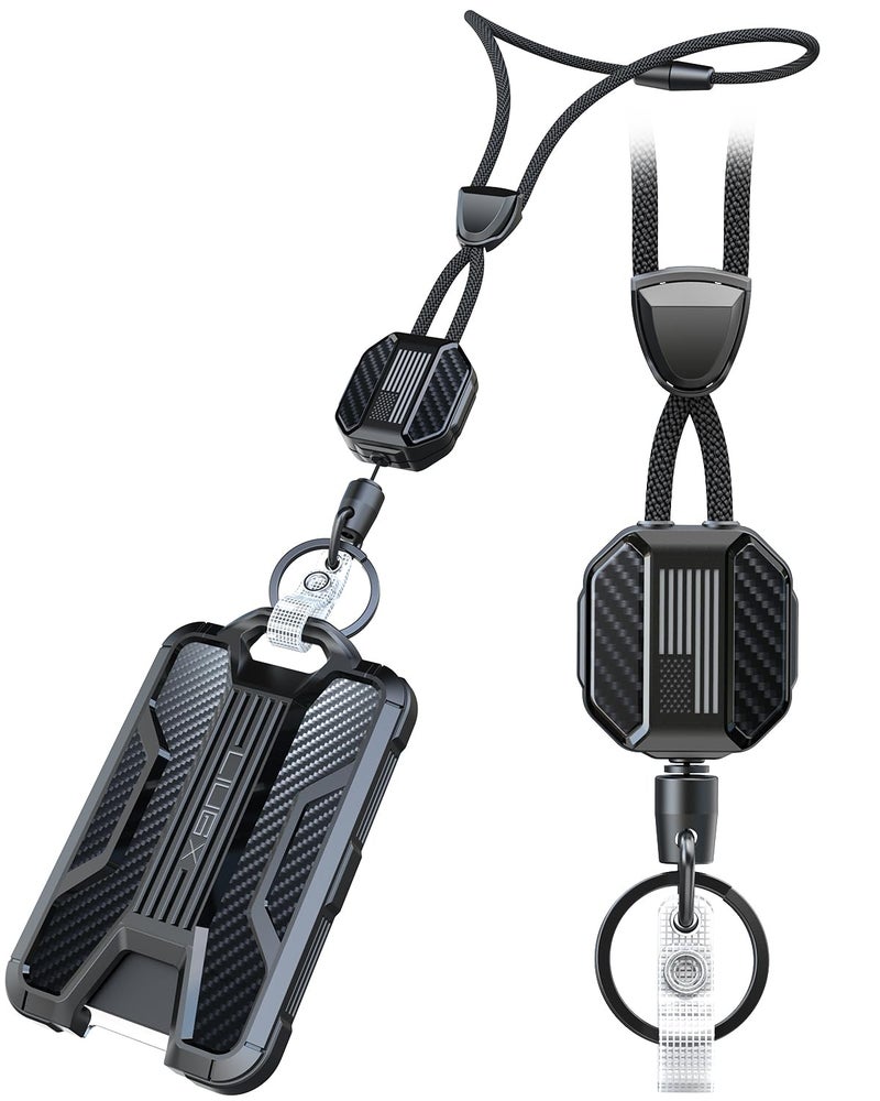 LIUGX Retractable Breakaway Lanyards for ID Badges Holder Keys, Carbon Fiber-Texture & American Flag, Badge Reel with Heavy Duty ID Card Holder (Holds 6 Cards) with 20" Cord, Keychain, 4.2 oz, Black - Image 1