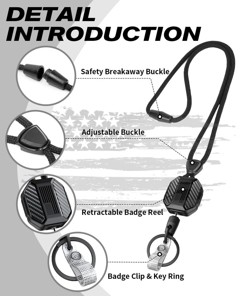 LIUGX Retractable Breakaway Lanyards for ID Badges Holder Keys, Carbon Fiber-Texture & American Flag, Badge Reel with Heavy Duty ID Card Holder (Holds 6 Cards) with 20" Cord, Keychain, 4.2 oz, Black - Image 2