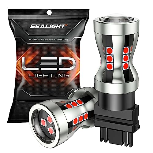 SEALIGHT LED Brake Light Bulbs, 3157 LED Red 3057 4157 T25 3156 Tail Light, Canbus Error Free, 2600 Lumens Red, with Projector Lenses, Plug N Play for Rear Parking Stop Brake Light, Pack of 2 - Image 1