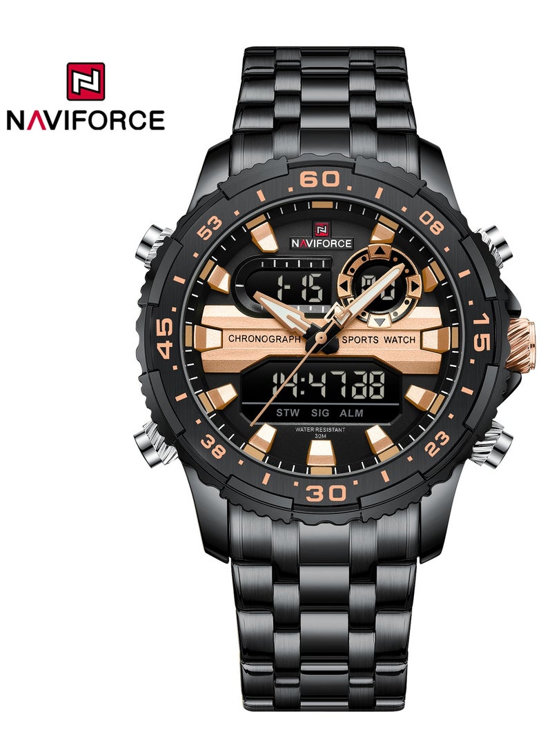 NAVIFORCE Stylish Stainless Steel Analog Digital Sports Watch for Men with Chronograph Dual Display Water Resistant Durable Bracelet Multi-Function Timepiece for Casual and Business Wear  - Image 1