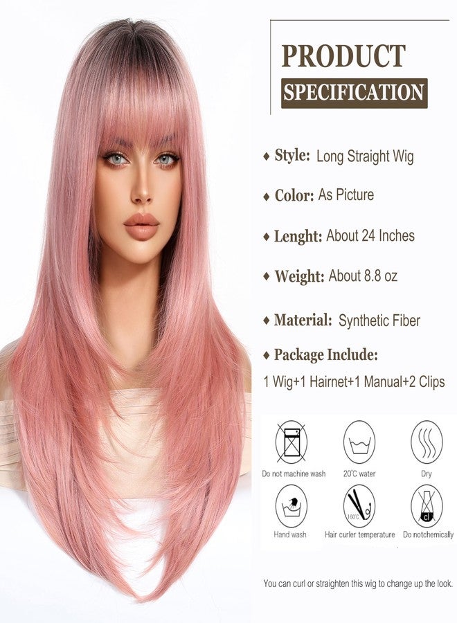 اسمي شعر مستعار إسمي طويل وناعم بتدرج لوني وردي مع غرة، طبقات، للنساء، مريح وجيد التهوية، طبيعي وواقعي، مناسب للحفلات، طوله 24 بوصة - Image 2