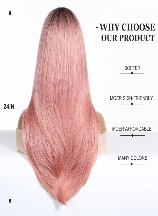 اسمي شعر مستعار إسمي طويل وناعم بتدرج لوني وردي مع غرة، طبقات، للنساء، مريح وجيد التهوية، طبيعي وواقعي، مناسب للحفلات، طوله 24 بوصة - Image 4