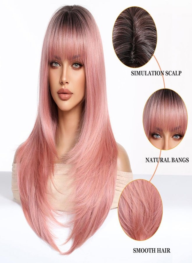 اسمي شعر مستعار إسمي طويل وناعم بتدرج لوني وردي مع غرة، طبقات، للنساء، مريح وجيد التهوية، طبيعي وواقعي، مناسب للحفلات، طوله 24 بوصة - Image 3