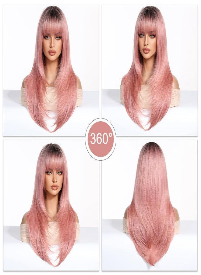 اسمي شعر مستعار إسمي طويل وناعم بتدرج لوني وردي مع غرة، طبقات، للنساء، مريح وجيد التهوية، طبيعي وواقعي، مناسب للحفلات، طوله 24 بوصة - Image 5