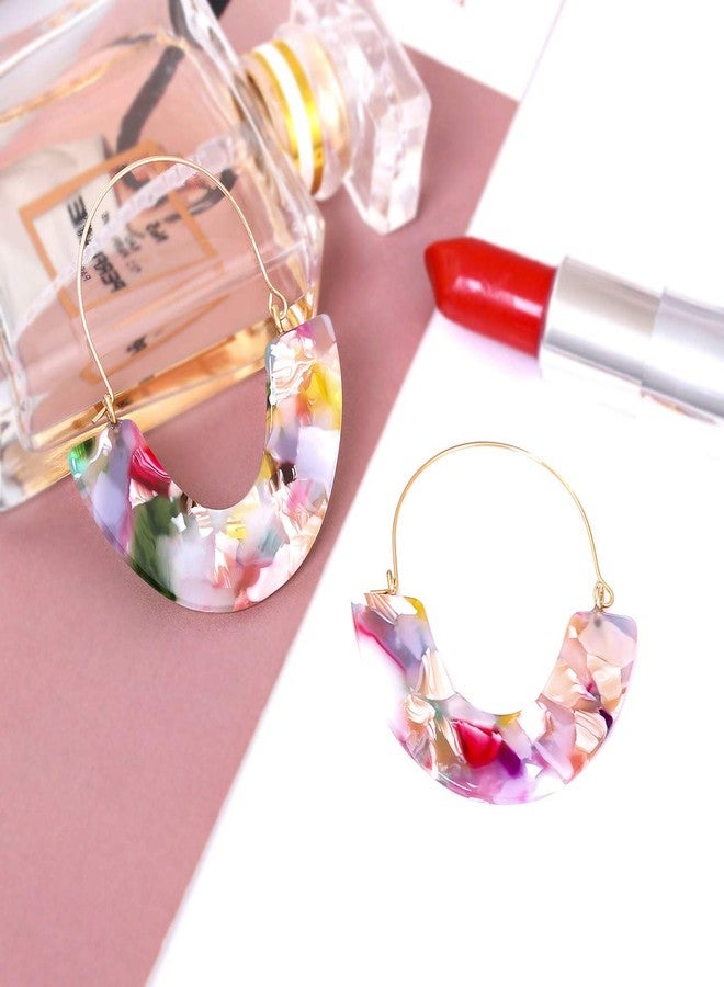 CEALXHENY Acrylic Earrings Tortoise Hoop Earrings Statement Wire Resin Earrings Fan Drop Dangle Earring for Women (D Pink Flower) - Image 2
