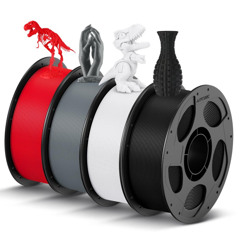 ANYCUBIC PLA Filament 1.75mm Bundle, 3D Printing PLA Filament 1.75mm Dimensional Accuracy +/- 0.02mm, 1KG Reusable Spool (2.2 lbs), 4KG Black + White + Texture Grey + Red - Image 1