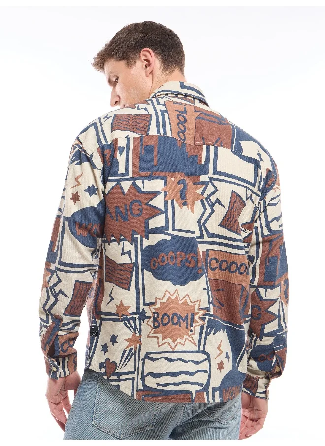 Beyoung Blue and Brown Printed Dual Pocket Overshirt