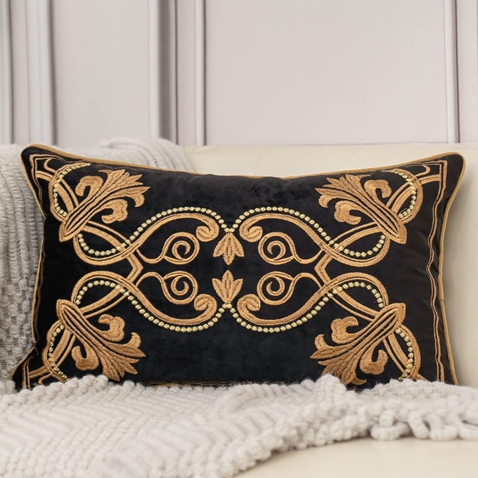 European Floral Pillow Cover 12x20 Inch Luxury Velvet Embroidered Decorative Lumbar Throw Pillow Cover for Couch Bedroom Living Room Black and Gold