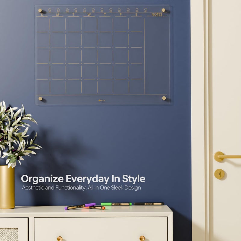 YEOUX Clear Glass Monthly Dry Erase Calendar Non-Magnetic Whiteboard for Wall, 17" x 23", Frameless Large Monthly Menu Planner White Board for Home Kitchen & Office, 4 Markers Included, Yeoux - Image 2