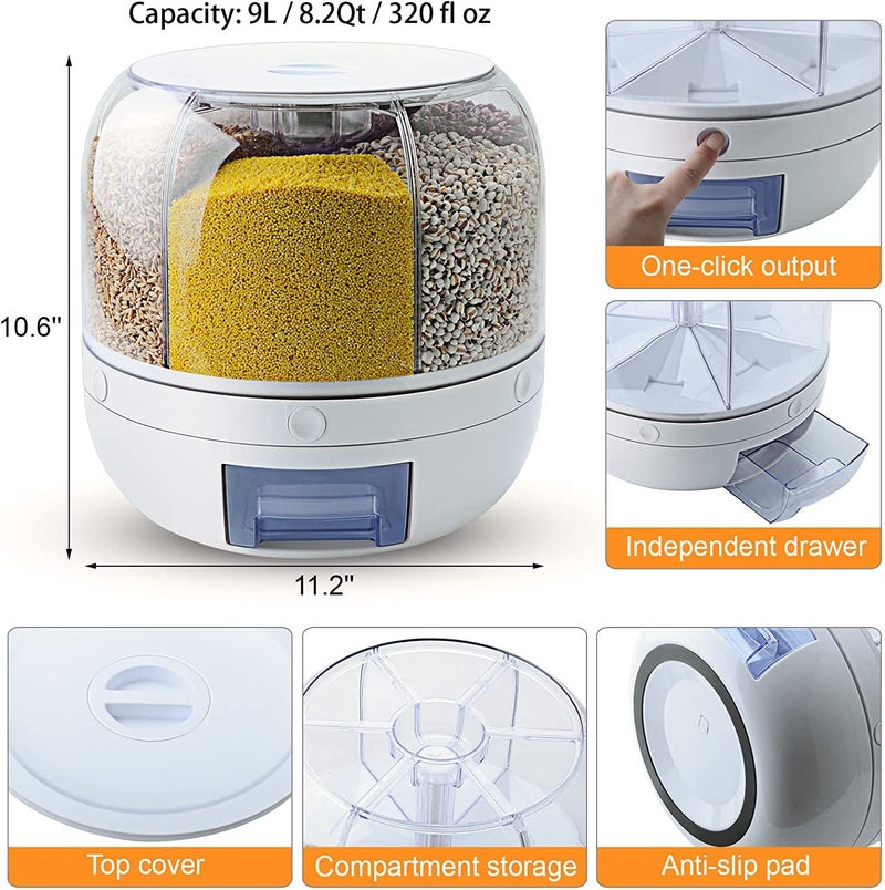 Jolfay Airtight Food Storage Containers Rice Dispenser Countertop Cereal Grain pulses Container Sets 6 Grids Rotating Canisters with Durable Lid - Image 4