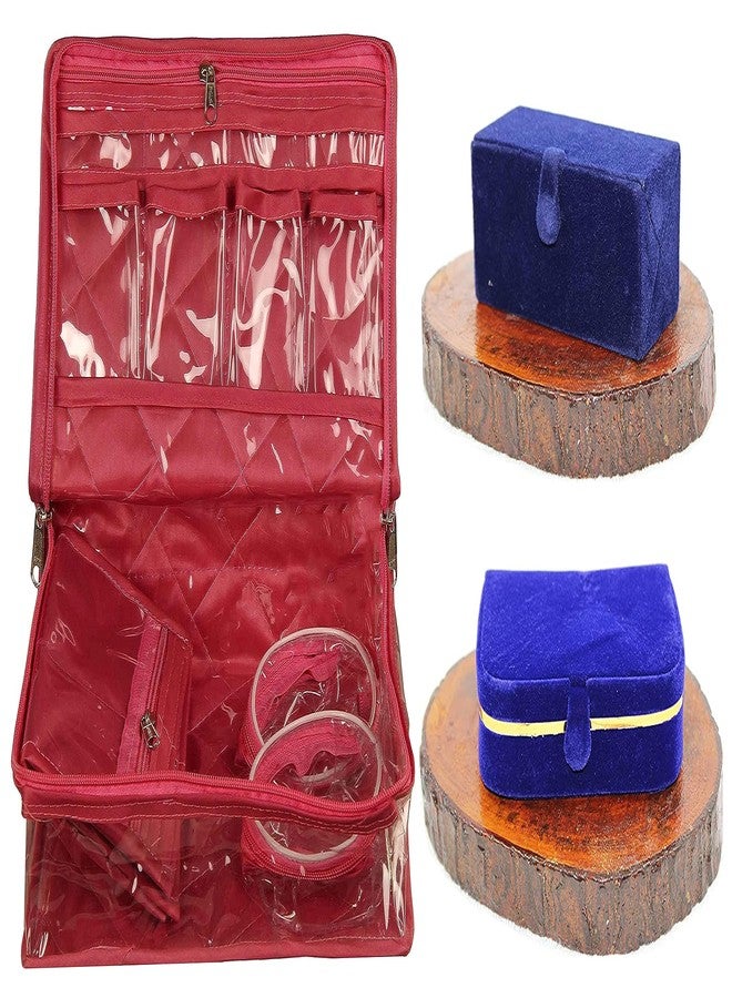 LUCES Combo Pink 2 Bangle Chain Necklace Jewelry Pouch with Blue Ring Earring Box Satin Wardrobe Organizer Jewellery Vanity Box - Image 1