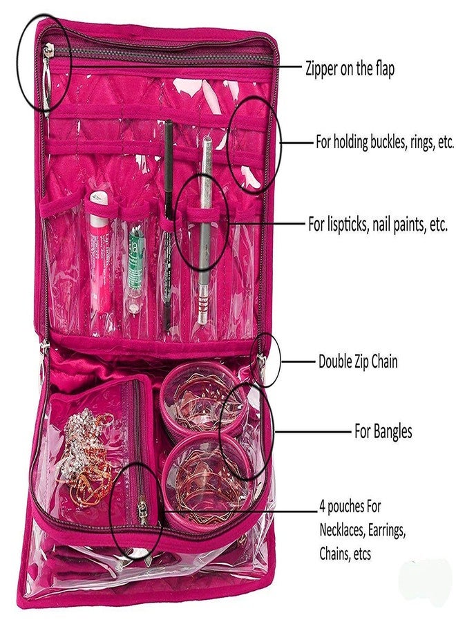 LUCES Combo Pink 2 Bangle Chain Necklace Jewelry Pouch with Blue Ring Earring Box Satin Wardrobe Organizer Jewellery Vanity Box - Image 3