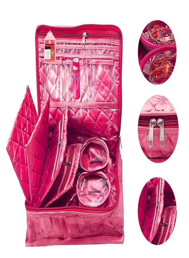 LUCES Combo Pink 2 Bangle Chain Necklace Jewelry Pouch with Blue Ring Earring Box Satin Wardrobe Organizer Jewellery Vanity Box - Image 2