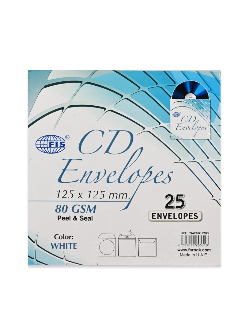 FIS Pack of 25 Pieces FIS CD White Envelopes Peel and Seal Size:125X125MM, 80 GSM - FSWE8021PW25 - Image 1