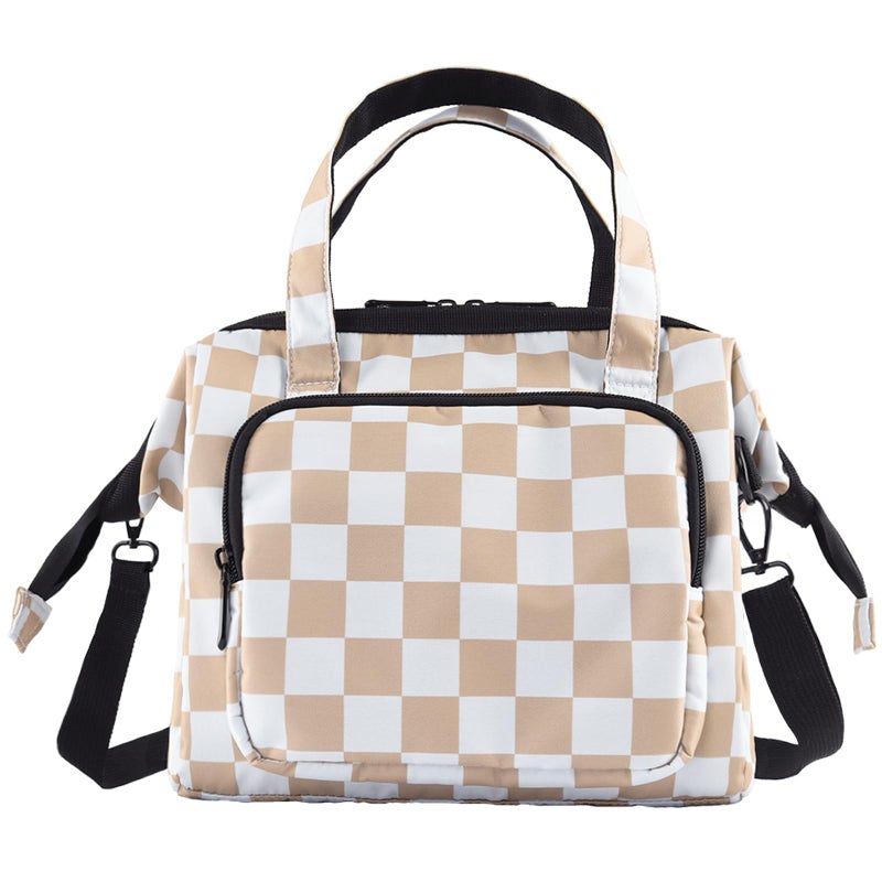 U+U Reusable Lunch Bag for Women Men Leakproof Lunch Tote Bag with Adjustable Strap, Holds Lunch Box, Snacks, Fruits for Work, Picnic or Travel - Insulated, Large Capacity, Waterproof(Khaki Checkered) - Image 1