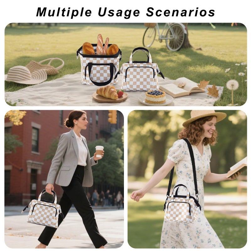 U+U Reusable Lunch Bag for Women Men Leakproof Lunch Tote Bag with Adjustable Strap, Holds Lunch Box, Snacks, Fruits for Work, Picnic or Travel - Insulated, Large Capacity, Waterproof(Khaki Checkered) - Image 2