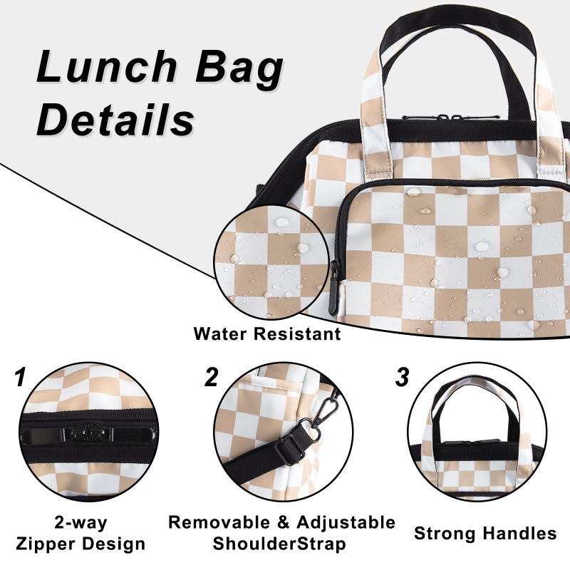 U+U Reusable Lunch Bag for Women Men Leakproof Lunch Tote Bag with Adjustable Strap, Holds Lunch Box, Snacks, Fruits for Work, Picnic or Travel - Insulated, Large Capacity, Waterproof(Khaki Checkered) - Image 5
