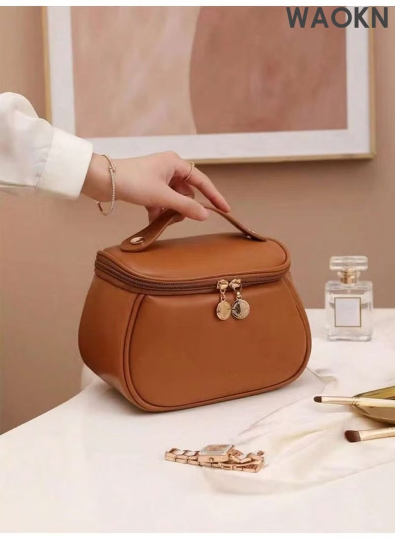 WAOKN 1pc Luxury PU Leather Makeup Bag, Candy Makeup Bag, Handbag, Portable Toiletry Bag, Travel Cosmetic Bag Makeup Travel Toiletry Storage Necessities Gift Storage Zipper Accessories Nails (Size 20.5*11.5*14CM)(Brown) - Image 1