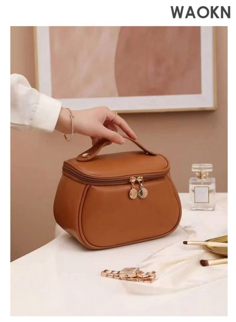 WAOKN 1pc Luxury PU Leather Makeup Bag, Candy Makeup Bag, Handbag, Portable Toiletry Bag, Travel Cosmetic Bag Makeup Travel Toiletry Storage Necessities Gift Storage Zipper Accessories Nails (Size 20.5*11.5*14CM)(Brown) - Image 3