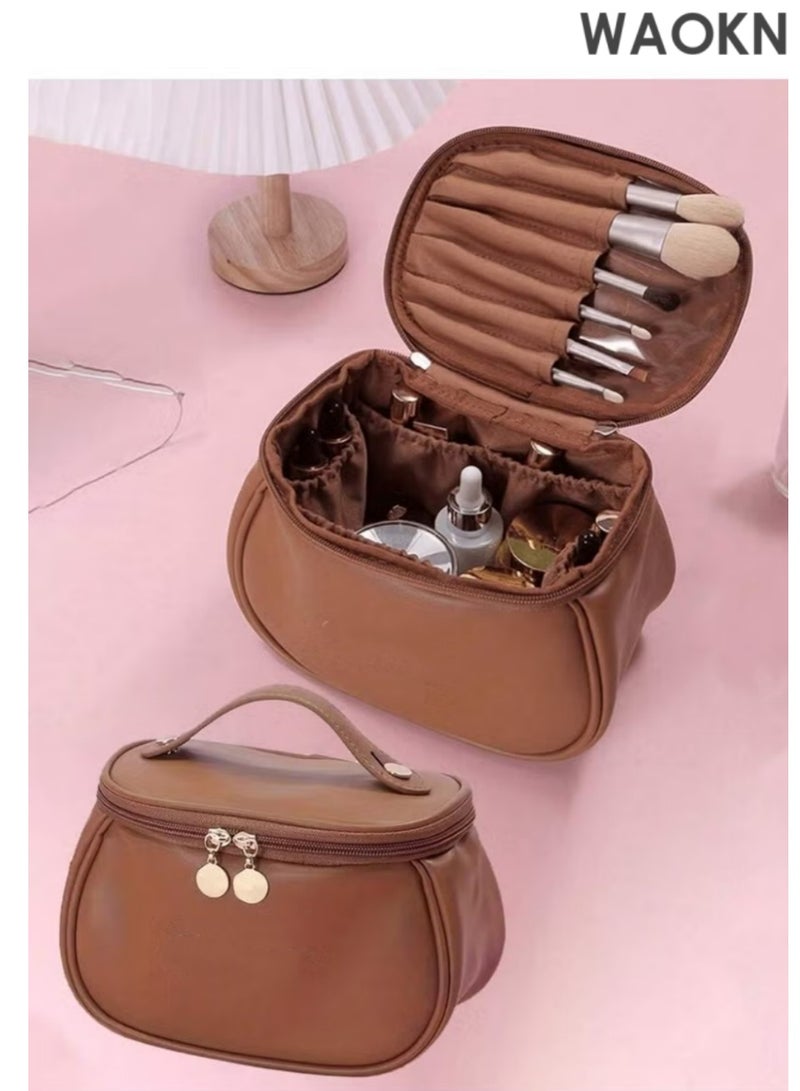 WAOKN 1pc Luxury PU Leather Makeup Bag, Candy Makeup Bag, Handbag, Portable Toiletry Bag, Travel Cosmetic Bag Makeup Travel Toiletry Storage Necessities Gift Storage Zipper Accessories Nails (Size 20.5*11.5*14CM)(Brown) - Image 5