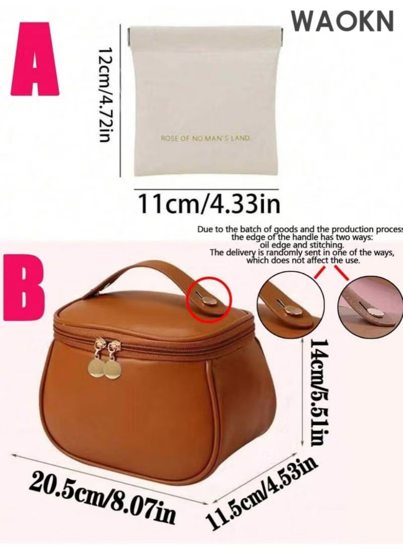 WAOKN 1pc Luxury PU Leather Makeup Bag, Candy Makeup Bag, Handbag, Portable Toiletry Bag, Travel Cosmetic Bag Makeup Travel Toiletry Storage Necessities Gift Storage Zipper Accessories Nails (Size 20.5*11.5*14CM)(Brown) - Image 2