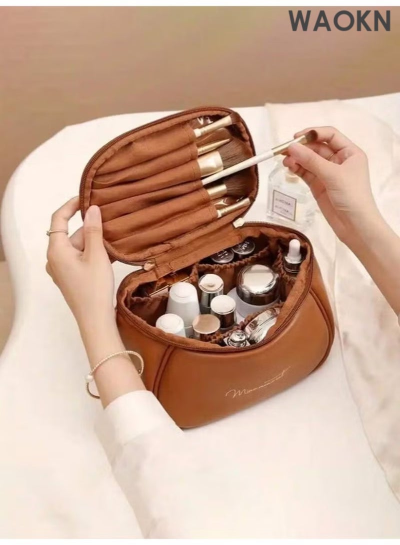 WAOKN 1pc Luxury PU Leather Makeup Bag, Candy Makeup Bag, Handbag, Portable Toiletry Bag, Travel Cosmetic Bag Makeup Travel Toiletry Storage Necessities Gift Storage Zipper Accessories Nails (Size 20.5*11.5*14CM)(Brown) - Image 4