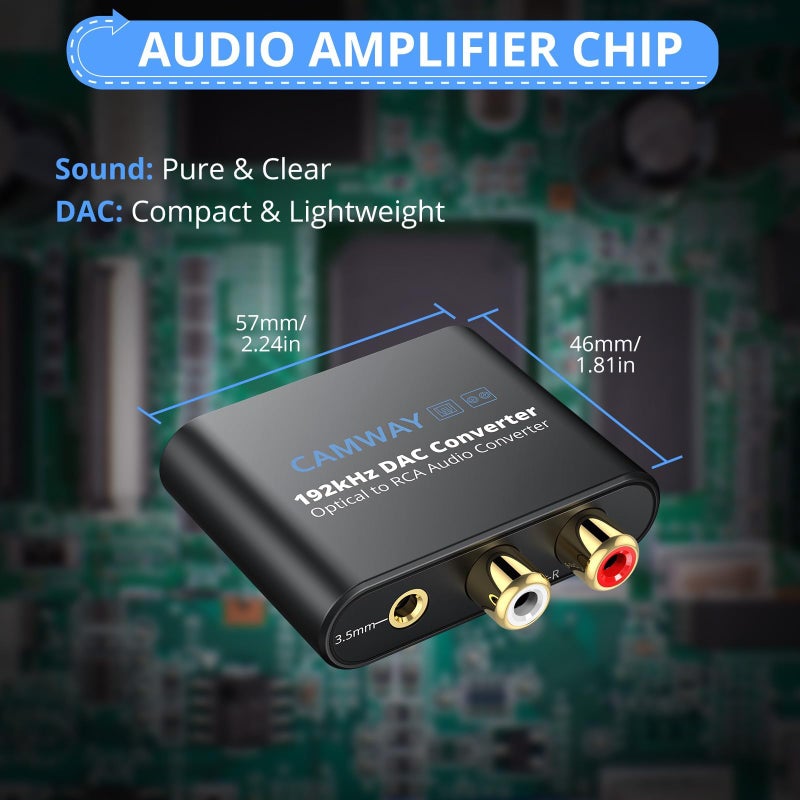 CAMWAY محول الصوت الرقمي إلى التناظري CAMWAY، 192 كيلو هرتز بصري إلى RCA، بصري إلى 3.5 مم DAC، محول صوت SPDIF/Toslink لتلفزيونات HDTV، وأجهزة DVD، وأجهزة Blu-Ray، وأجهزة الألعاب إلى 3.5 مم/RCA، توصيل وتشغيل - Image 3