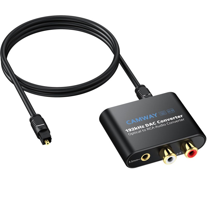 CAMWAY محول الصوت الرقمي إلى التناظري CAMWAY، 192 كيلو هرتز بصري إلى RCA، بصري إلى 3.5 مم DAC، محول صوت SPDIF/Toslink لتلفزيونات HDTV، وأجهزة DVD، وأجهزة Blu-Ray، وأجهزة الألعاب إلى 3.5 مم/RCA، توصيل وتشغيل - Image 1