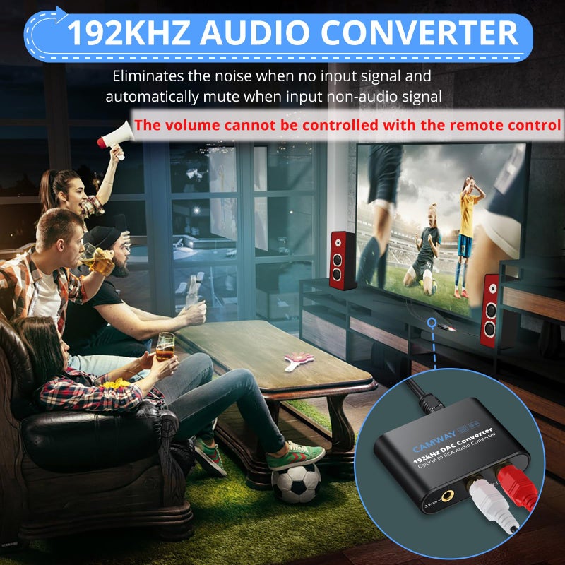 CAMWAY محول الصوت الرقمي إلى التناظري CAMWAY، 192 كيلو هرتز بصري إلى RCA، بصري إلى 3.5 مم DAC، محول صوت SPDIF/Toslink لتلفزيونات HDTV، وأجهزة DVD، وأجهزة Blu-Ray، وأجهزة الألعاب إلى 3.5 مم/RCA، توصيل وتشغيل - Image 5