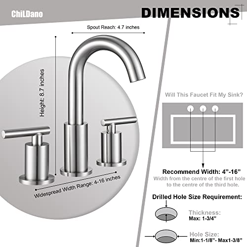 ChiLDano Widespread Bathroom Faucet with Sink Drain and Supply Hose, Brushed Nickel 3 Hole Faucet for Bathroom Sink, ChiLDano Satin Nickel 2 Handle Bathroom Faucet CH2183BN - Image 2