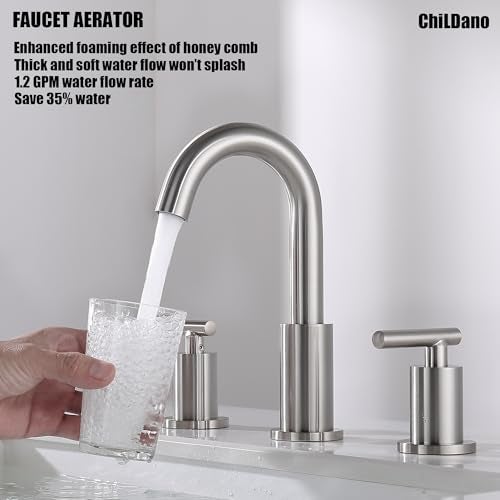 ChiLDano Widespread Bathroom Faucet with Sink Drain and Supply Hose, Brushed Nickel 3 Hole Faucet for Bathroom Sink, ChiLDano Satin Nickel 2 Handle Bathroom Faucet CH2183BN - Image 4