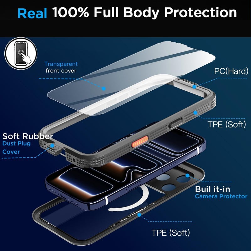 ايه اي كيس غطاء المضاد للماء لهاتف iPhone 17 Pro مع دعم MagSafe، مقاوم للماء والثلوج/الغبار/الصدمات، معتمد IP68، حماية كاملة للجسم 360 درجة، محكم الإغلاق تحت الماء لهاتف iPhone 17 Pro_2. - Image 2