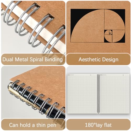 Mousbull A4 Graph Paper Notebook, 2 Pack Large Spiral Grid Notebook, 200 Pages 100gsm Thick 5mm Square Paper Quad Notebook for Engineering, Math, Taking Notes, Drawing - Kraft Brown Cover, 8.5" x 11" - Image 2