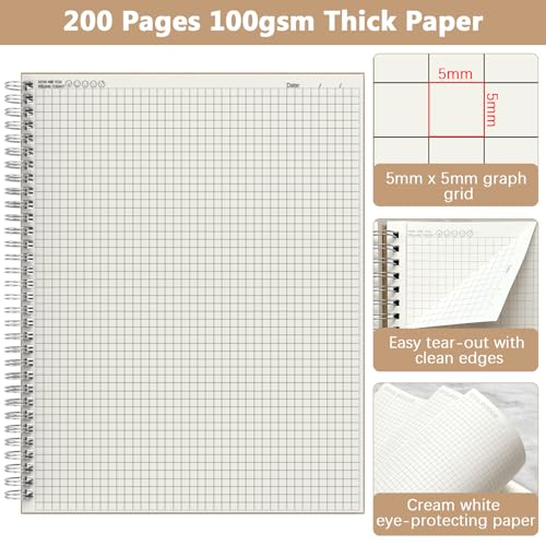 Mousbull A4 Graph Paper Notebook, 2 Pack Large Spiral Grid Notebook, 200 Pages 100gsm Thick 5mm Square Paper Quad Notebook for Engineering, Math, Taking Notes, Drawing - Kraft Brown Cover, 8.5" x 11" - Image 4