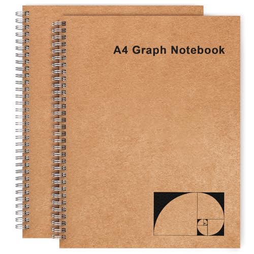 Mousbull A4 Graph Paper Notebook, 2 Pack Large Spiral Grid Notebook, 200 Pages 100gsm Thick 5mm Square Paper Quad Notebook for Engineering, Math, Taking Notes, Drawing - Kraft Brown Cover, 8.5" x 11" - Image 1
