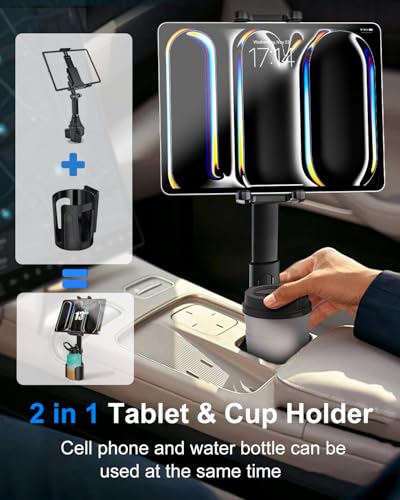 Kolasels Car Cup Holder Tablet Mount [Fit Round & Square Cup Holders] ipad Cup Holder Mount for Truck, Tesla with Metal Telescopic Arm, Cupholder Tablet Holder for 4-13" iPad Pro Air, Z Fold, iPhone - Image 2