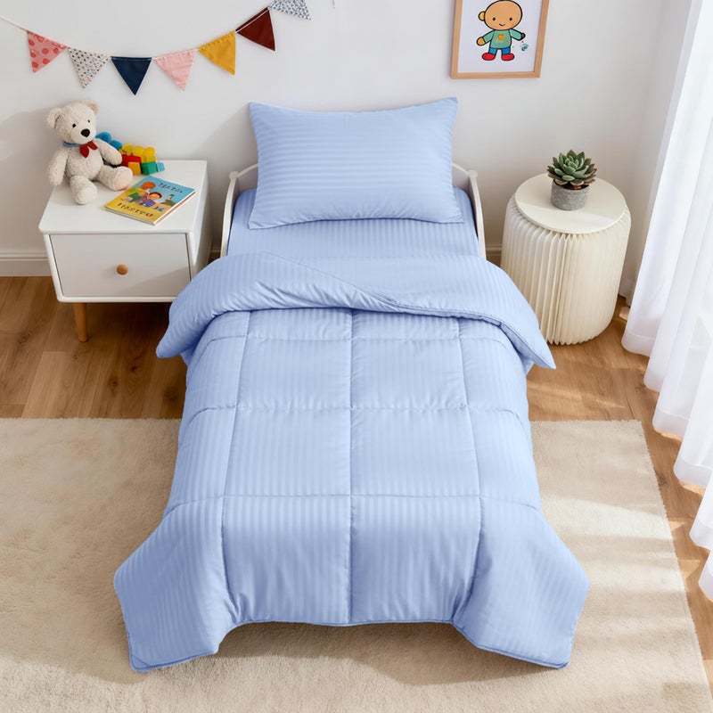 ZPECC Toddler Bedding Set - 4 Piece Hypoallergenic Baby Crib Bedding Set for Boys and Girls, Includes Toddler Comforter, Flat Sheet, Fitted Sheet and Pillowcase, Baby Blue - Image 1