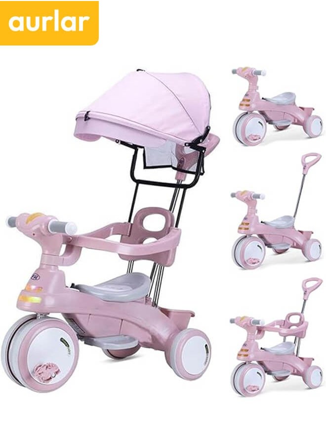 Aurlar - 4 in 1 Kids Tricycle – Adjustable Push Handle & Sun Canopy, Safety Fence, Parental Control & Music – Perfect Baby & Toddler Ride-On Toy, Bicycle for Kids, Ages 1-6 (Pink) - Image 1
