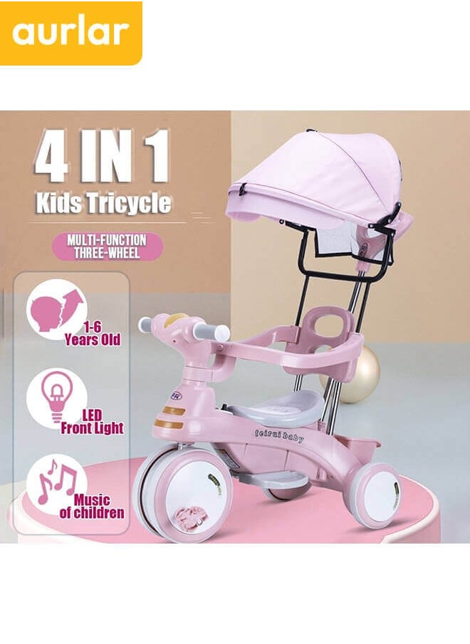 Aurlar - 4 in 1 Kids Tricycle – Adjustable Push Handle & Sun Canopy, Safety Fence, Parental Control & Music – Perfect Baby & Toddler Ride-On Toy, Bicycle for Kids, Ages 1-6 (Pink) - Image 1