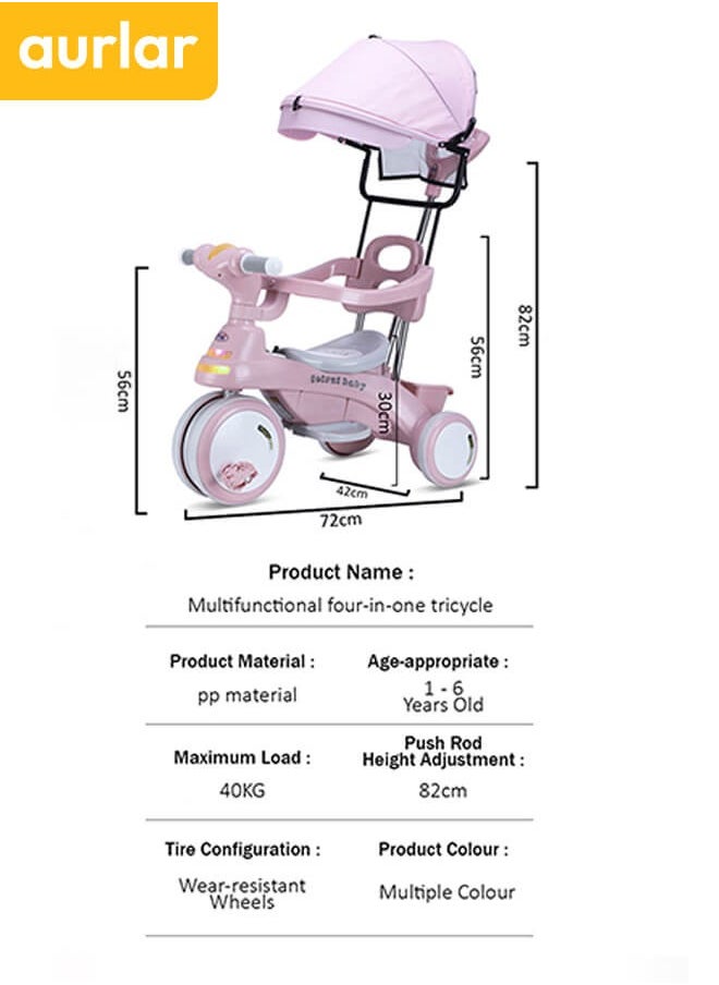 Aurlar - 4 in 1 Kids Tricycle – Adjustable Push Handle & Sun Canopy, Safety Fence, Parental Control & Music – Perfect Baby & Toddler Ride-On Toy, Bicycle for Kids, Ages 1-6 (Pink) - Image 1