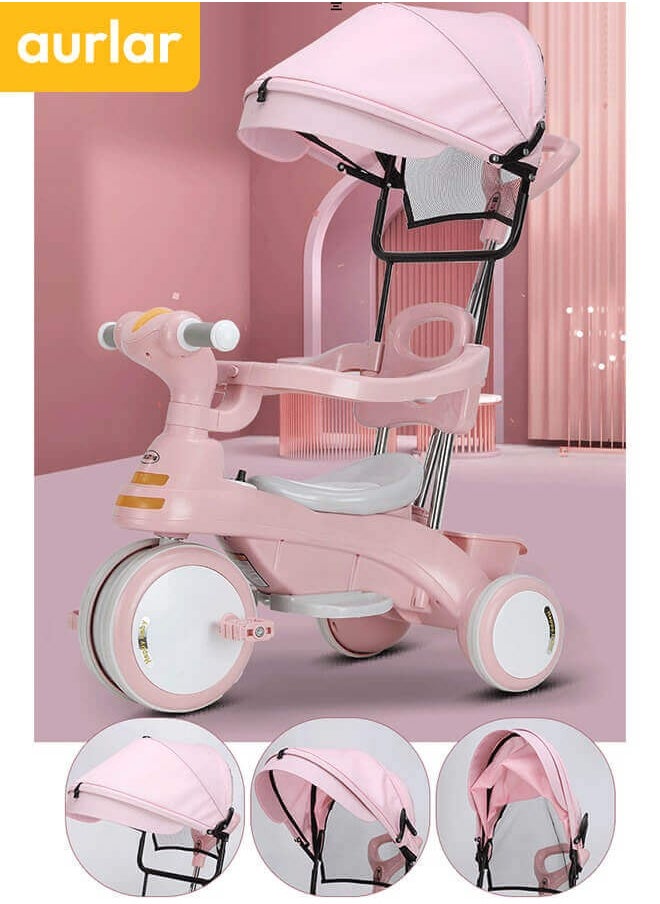 Aurlar - 4 in 1 Kids Tricycle – Adjustable Push Handle & Sun Canopy, Safety Fence, Parental Control & Music – Perfect Baby & Toddler Ride-On Toy, Bicycle for Kids, Ages 1-6 (Pink) - Image 1