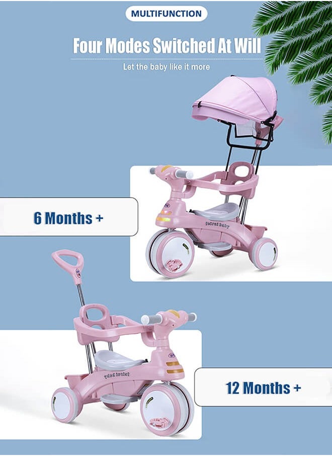 Aurlar - 4 in 1 Kids Tricycle – Adjustable Push Handle & Sun Canopy, Safety Fence, Parental Control & Music – Perfect Baby & Toddler Ride-On Toy, Bicycle for Kids, Ages 1-6 (Pink) - Image 1