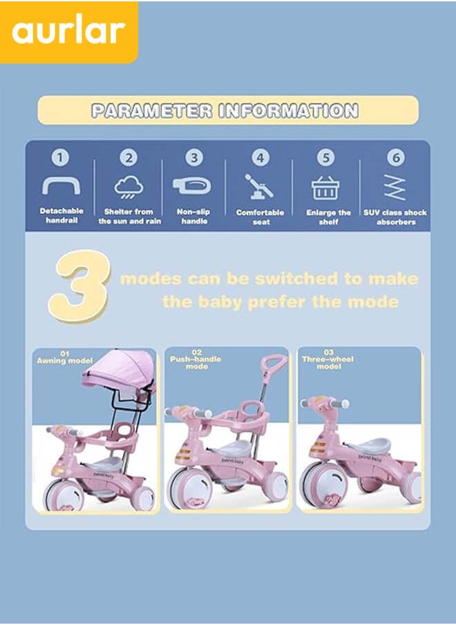 Aurlar - 4 in 1 Kids Tricycle – Adjustable Push Handle & Sun Canopy, Safety Fence, Parental Control & Music – Perfect Baby & Toddler Ride-On Toy, Bicycle for Kids, Ages 1-6 (Pink) - Image 1
