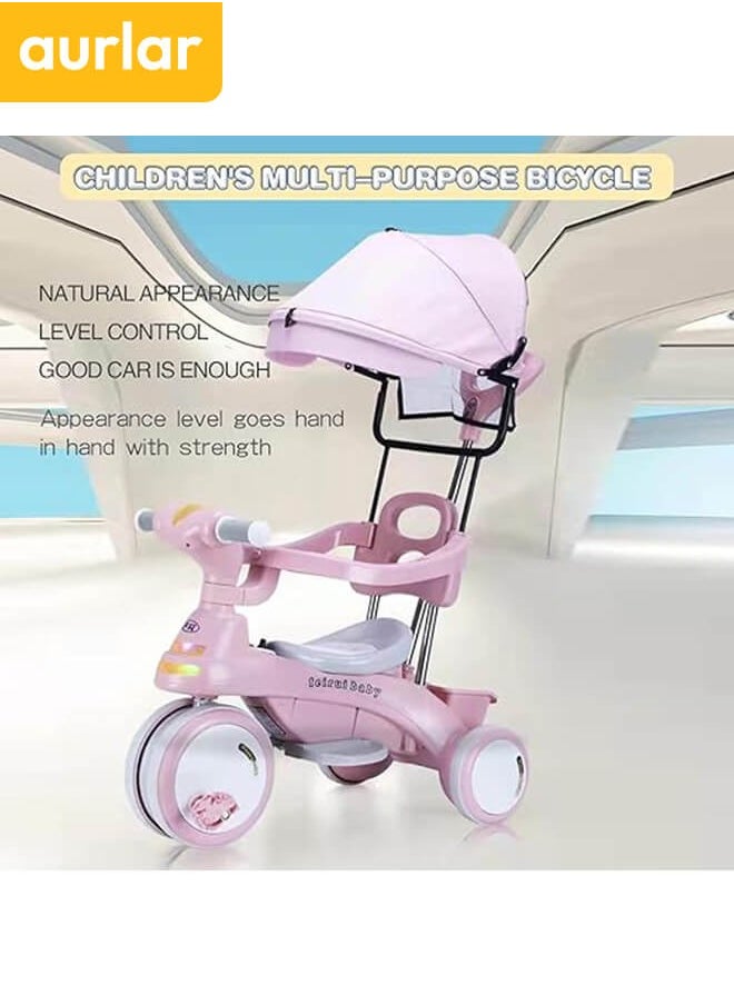 Aurlar - 4 in 1 Kids Tricycle – Adjustable Push Handle & Sun Canopy, Safety Fence, Parental Control & Music – Perfect Baby & Toddler Ride-On Toy, Bicycle for Kids, Ages 1-6 (Pink) - Image 1