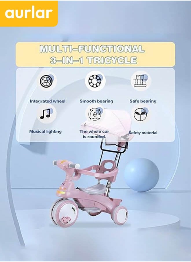 Aurlar - 4 in 1 Kids Tricycle – Adjustable Push Handle & Sun Canopy, Safety Fence, Parental Control & Music – Perfect Baby & Toddler Ride-On Toy, Bicycle for Kids, Ages 1-6 (Pink) - Image 1