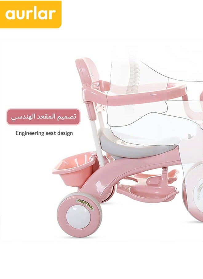 Aurlar - 4 in 1 Kids Tricycle – Adjustable Push Handle & Sun Canopy, Safety Fence, Parental Control & Music – Perfect Baby & Toddler Ride-On Toy, Bicycle for Kids, Ages 1-6 (Pink) - Image 1