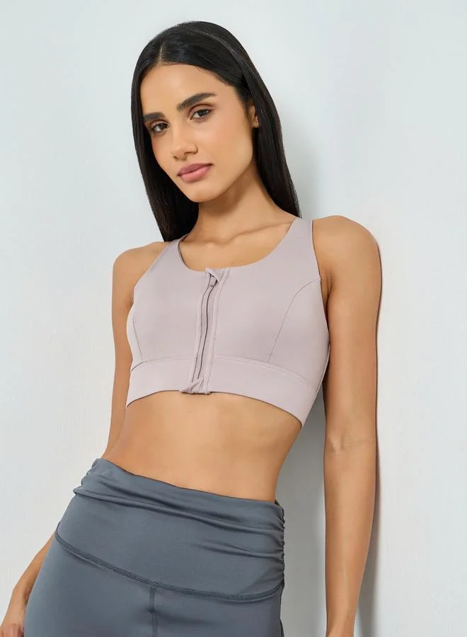 Styli Active Pink Front Zip-Up Cross Back Sports Bra - High Support
