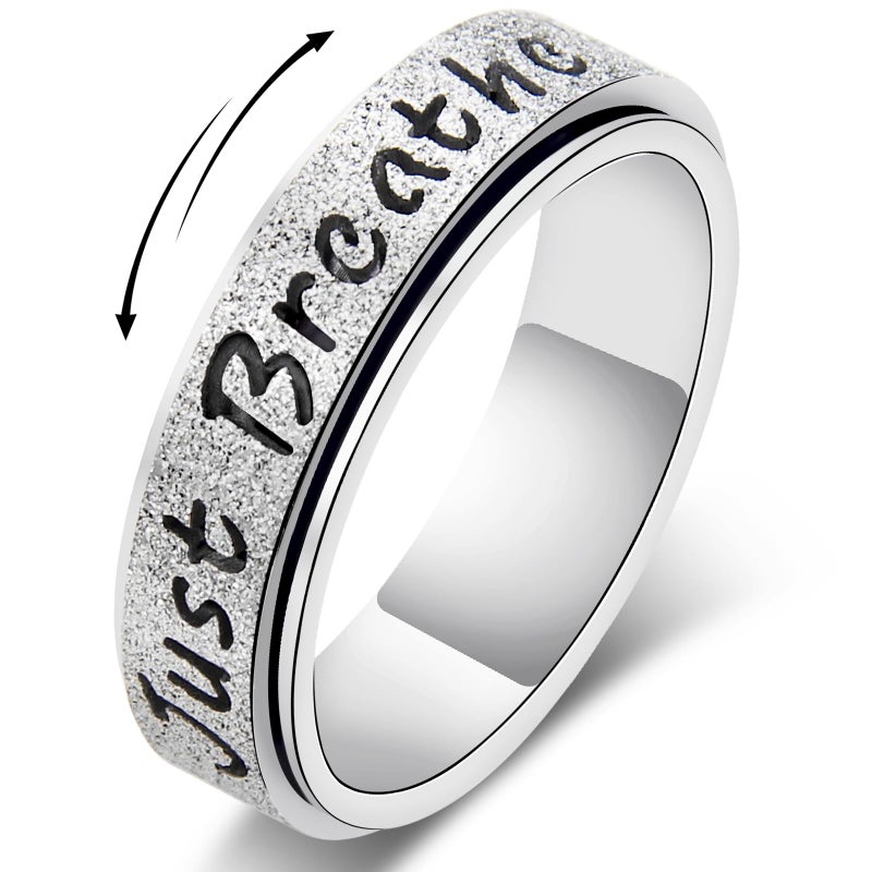 LuckyAmor Fidget Spinner Ring for Women - Just Breathe Inspirational & Heart Purity Rings, Stainless Steel Anxiety Ring Jewelry for Adults, Thumb Roating Hope Rings for Stress Relief Gift for Her (Silver, 8) - Image 1