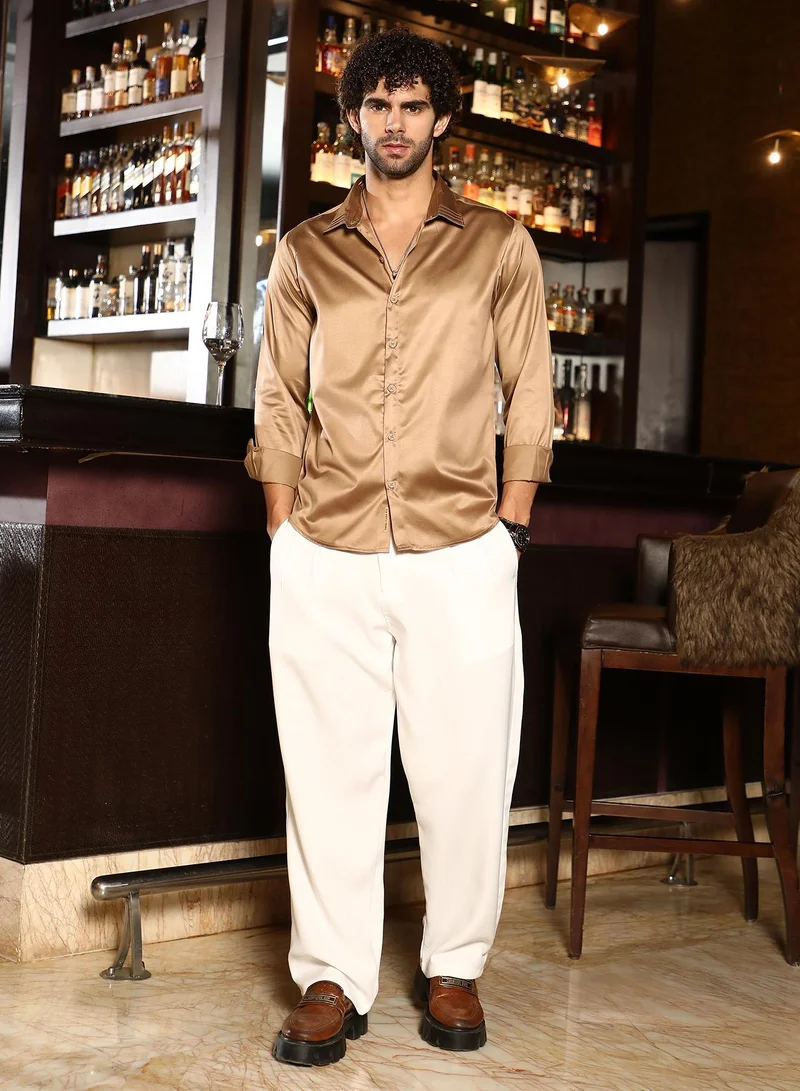 كامبوس سوترا Men's Sand Beige Solid Satin Shirt